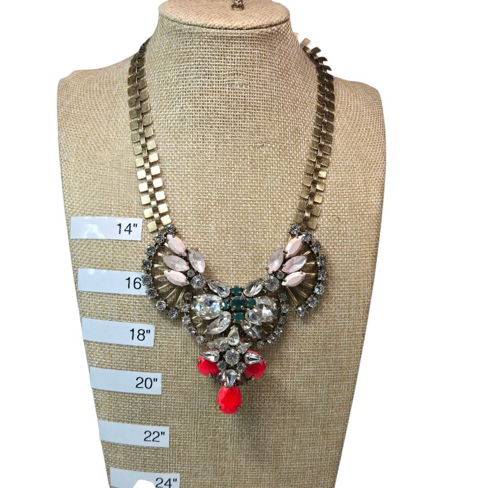 J.Crew Necklace Crystal Fan Gold Tone Statement Piece Pink Red Green Gems Fun